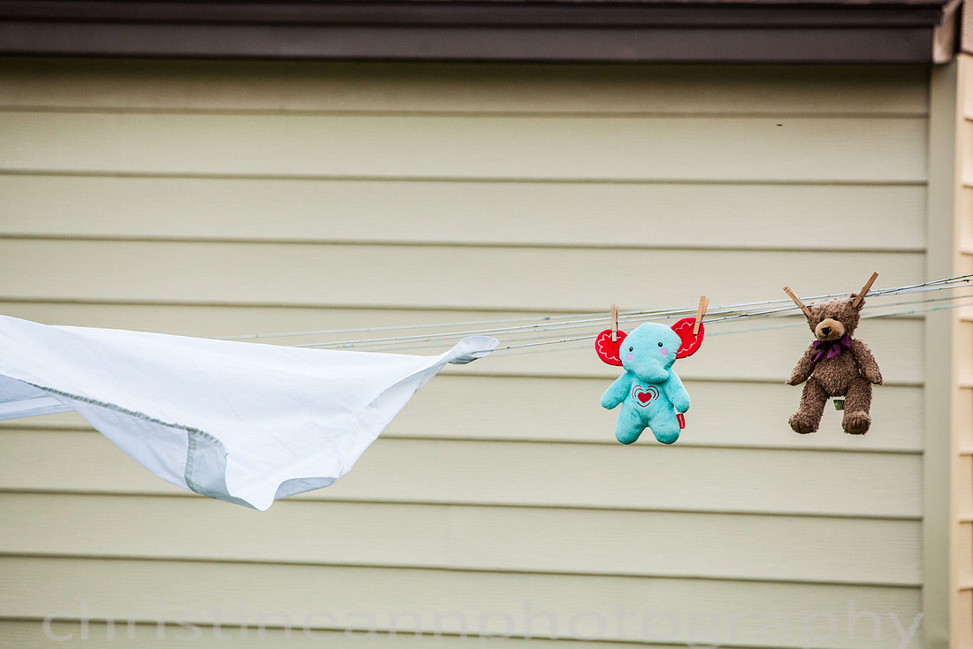 Duluth MN Lifestyle Family Session with a beloved teddy bear, apple tree, apples, sleepy kids, balloons, lawnmower, siblings, diaper, laundry, mom, dad - all outdoors in the back yard of their home.